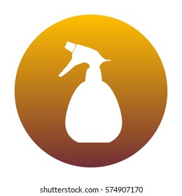 Spray bottle for cleaning sign. White icon in circle with golden gradient as background. Isolated.