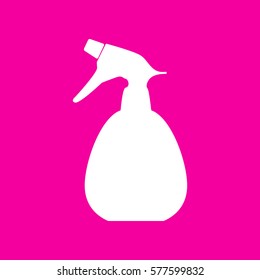 Spray bottle for cleaning sign. White icon at magenta background.