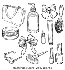 A spray bottle, cologne probes and tube of cream, gel shampoo for a bath, nail polish and a handbag. Glasses and bows. Vector ink drawing, isolated set. Illustration of a beauty salon, cosmetics store
