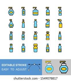 Spray bottle and container vector icon set, editable stroke