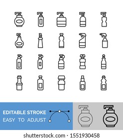 Spray bottle and container vector line icon set, editable stroke