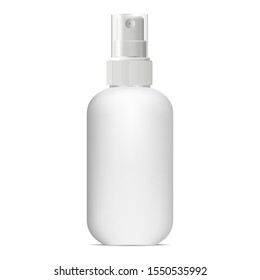 Spray bottle. Cosmetic aerosol mockup. White plastic tube vector blank. realistic soft surface 3d container for deodorant, parfum. Pump dispenser antiseptic medical package for merchandise