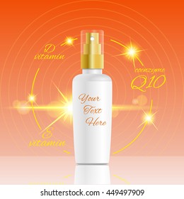 Spray bottle design Vitamin E Vitamin D and Coenzym Q10  formula vector eps 10