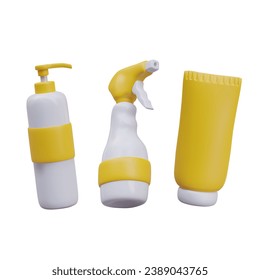 Spray bottle with detergent or cosmetic, and bottle with dispenser and cream. Body and hair care. Vector illustration in 3d realistic style with white background