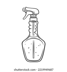 Botella de pulverización con ilustración vectorial de icono de contorno detergente. Embalaje de plástico transparente con gatillo de pulverización, limpiador químico líquido para cristales limpios, equipo desinfectante en tubo