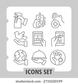 Spray bottle, dove bird, planet simple icons set depicting communication, charity, technology and service items in outline style for apps and print on white background. Set of nine thin line icons