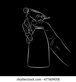 Spray bottle in a female hand, white outline on a black background