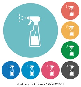 Spray bottle flat white icons on round color backgrounds