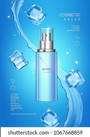 Spray bottle fresh moisturizing cosmetic mockup on blue background,