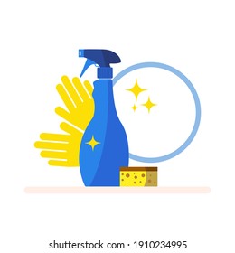 Spray bottle with gloves, mirror vector concept illustration