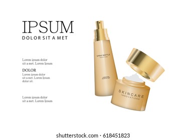 Spray bottle and hand cream box innovations-isolated background.Glamorous cosmetic premium ads,facial treatment essence.3D toner,translucent contained.For web site,poster,placard,advert and marketing