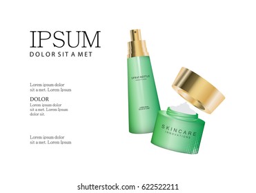 Spray bottle and hand cream box innovations-isolated background.Glamorous cosmetic premium ads,facial treatment essence.3D toner,translucent contained.For web site,poster,placard,advert and marketing