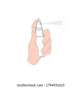 Spray bottle in hand, isolated on a white background. Spraying of cosmetics, perfumes, and medical products.
