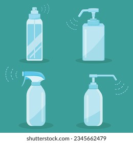 Spray bottle and hand sanitizer dispenser vector illustration. Alcohol spray bottle. Alcohol liquid, medical disinfection, 75% alcohol disinfectant, health care, cleaning.