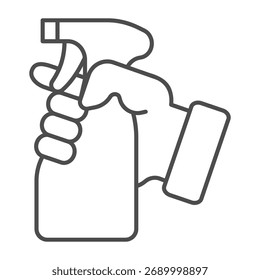 Spray garrafa na mão ícone linha fina, lavagem conceito. Gráficos vetoriais. Mão com sinal de garrafa antisséptico no fundo branco, ícone de estilo de contorno para design móvel ou web