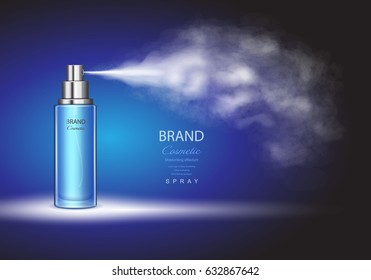 Spray bottle, ice toner container on blue background Premium ads template
