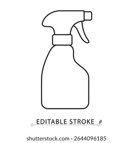 Spray bottle icon in minimal line style with editable stroke. Cleaning product, disinfectant container, sanitation tool for hygiene visuals, household care, surface cleaning