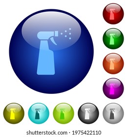 Spray bottle icons on round glass buttons in multiple colors. Arranged layer structure
