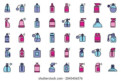 Juego de iconos del frasco de pulverización. Conjunto de esquema de iconos vectoriales del frasco de spray color de línea delgada plano aislado en blanco