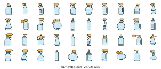 Spray bottle icons set outline vector. Sprayer cleaner. Mist air thin line color flat on white