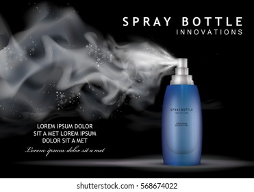 Spray bottle innovations-isolated on black background.Vector illustration,graphic design.Glamorous cosmetic premium ads,facial treatment essence.3D Ice blue toner,translucent contained.For web site