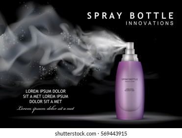 Spray bottle innovations-isolated on black background.Vector illustration,graphic design.Glamorous cosmetic premium ads,facial treatment essence.3D Ice violet toner,translucent contained.For web site