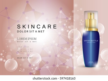 Spray bottle innovations-isolated on brown backdrop.Glamorous cosmetic premium ads,facial treatment essence.3D blue toner,translucent contained.For web site,poster,placard,advert and marketing