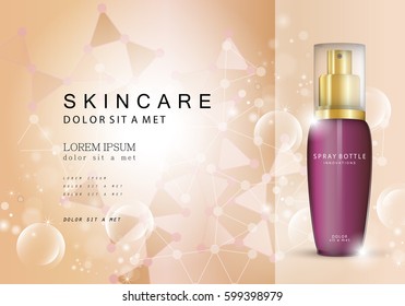 Spray bottle innovations-isolated on brown backdrop.Glamorous cosmetic premium ads,facial treatment essence.3D purple toner,translucent contained.For web site,poster,placard,advert and marketing