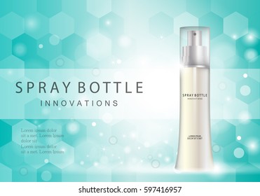 Spray bottle innovations-isolated on green backdrop.Glamorous cosmetic premium ads,facial treatment essence.3D toner,translucent contained.For web site,poster,placard,advert and marketing