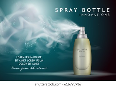 Spray bottle innovations-isolated on green backdrop.Glamorous premium ads,facial treatment essence.3D Ice color toner,translucent contained.For web site,poster,placard,flyer and wallpaper
