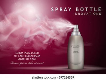 Spray bottle innovations-isolated on purple backdrop.Glamorous cosmetic premium ads,facial treatment essence.3D ice toner,translucent contained.For web site,advert, template,leaflet and advertisement