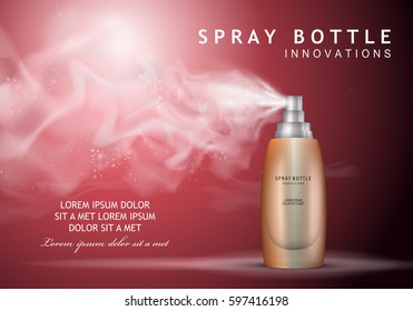 Spray bottle innovations-isolated on purple backdrop.Glamorous cosmetic premium ads,facial treatment essence.3D ice toner,translucent contained.For web site,advert, template,leaflet and advertisement