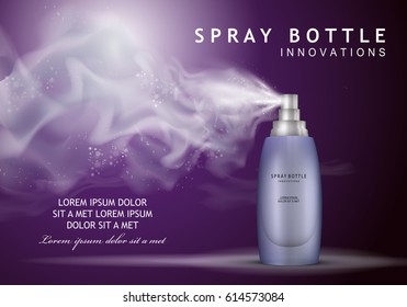 Spray bottle innovations-isolated on purple backdrop.Glamorous premium ads,facial treatment essence.3D Ice navy color toner,translucent contained.For web site,poster,placard,flyer and wallpaper