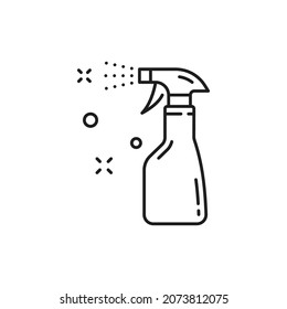 Spray bottle isolated line art icon of sprayer disinfection, cleaner pictogram. Vector antibacterial alcohol agent, sanitizer. Household chemical in outline style. Cleaning, washing and disinfection