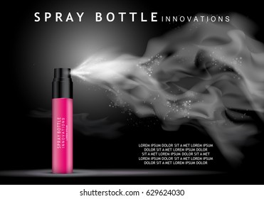 Spray bottle isolated on black background.Premium ads for web site,marketing,social network and blog.Realistic 3d,red color perfume.For poster template,placard,flyer,cover and wallpaper
