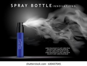 Spray bottle isolated on black background.Premium ads for web site,marketing,social network and blog.Realistic 3d,blue color perfume.For poster template,placard,flyer,cover and wallpaper