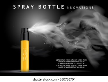 Spray bottle isolated on black background.Premium ads for web site,marketing,social network and blog.Realistic 3d,yellow color perfume.For poster template,placard,flyer,cover and wallpaper