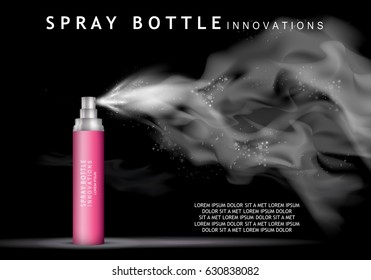 Spray bottle isolated on black background.Premium ads for web site,marketing,social network and blog.Realistic 3d,pink color perfume.For poster template,placard,flyer,cover and wallpaper