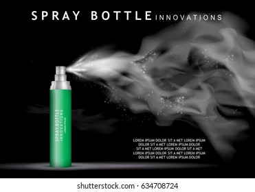 Spray bottle isolated on black background.Premium ads for web site,marketing,social network and blog.Realistic 3d,green color perfume.For poster template,placard,flyer,cover and wallpaper