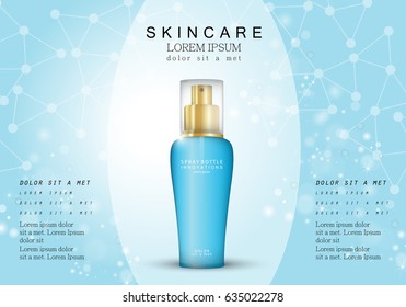 Spray bottle isolated on blue background.Cosmetic and fashion ads.3D facial toner template.For web site,poster,placard,advert,cover and marketing.Also useful for social network advertising
