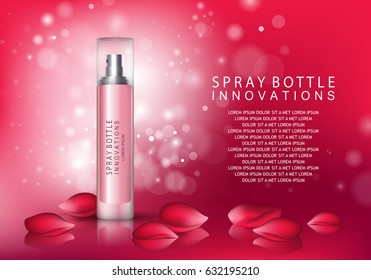 Spray bottle isolated on bokeh red background.Premium ads for web site,marketing,social network and blog.Realistic 3d color perfume.For poster template,placard,flyer,cover and wallpaper