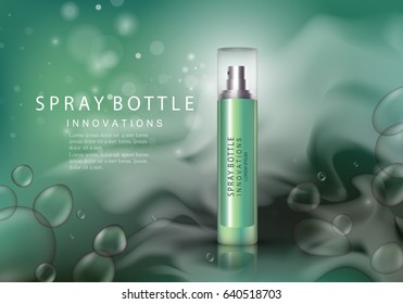 Spray bottle isolated on green background with bubbles.Premium ads for web site,marketing,social network and blog.Realistic 3d color perfume.For poster template,placard,flyer,cover and wallpaper