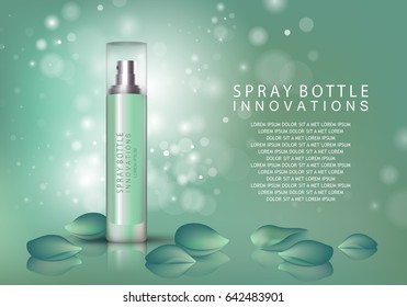 Spray-Flasche einzeln auf grünem Hintergrund.Premium-Anzeigen für Website, Marketing, soziales Netzwerk und Blog.Realistisches 3D-Farbparfüm.Für Plakatvorlage, Plakatwand, Flyer, Cover und Tapete