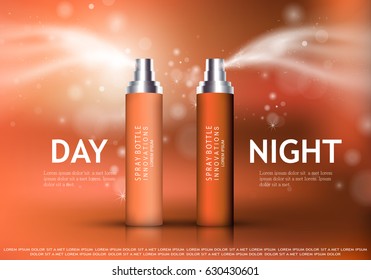Spray bottle isolated on orange background.Premium ads for web site,marketing,social network and blog.Realistic 3d color perfume.For poster template,placard,flyer,cover and wallpaper
