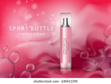 Spray bottle isolated on pink background with bubbles.Premium ads for web site,marketing,social network and blog.Realistic 3d color perfume.For poster template,placard,flyer,cover and wallpaper
