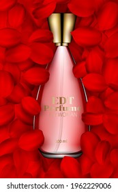 Spray bottle isolated on red rose petals background. Premium ads web site marketing social network blog. Realistic 3d color perfume bottle. For poster template placard flyer cover wallpaper.