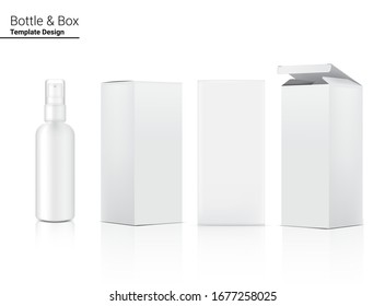 Spray Bottle Mock up Realistic Cosmetic and Box for Skincare Product or medicine on White Background Illustration. Health Care and Medical Concept Design.