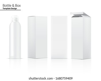Spray Bottle Mock up Realistic Cosmetic and Box for Skincare Product or medicine on White Background Illustration. Health Care and Medical Concept Design.