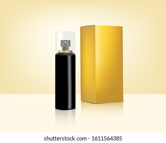 Spray Bottle Mock up Realistic Gold Cosmetic and Box for Skincare Product Background Illustration. Health Care and Medical Concept Design.