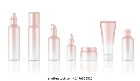 Spray Bottle Mock up Realistic Rose Gold Cosmetic Soap, Shampoo, Cream, Oil Dropper Set for Skincare Product Background Illustration. Health Care and Medical Concept Design.